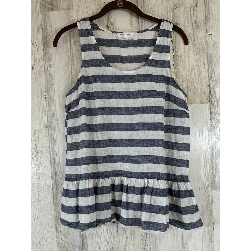 Beach Lunch Lounge Tank Medium Chambray Blue White Stripe Peplum Fray Hem Linen